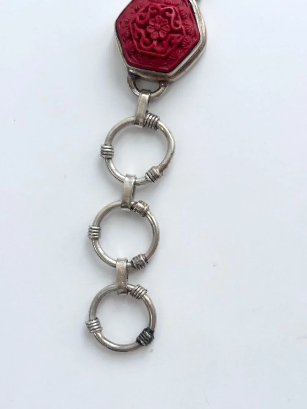Cinnabar Hand Carved Sterling Silver Octagon Vintage Chainlink 925 Bracelet